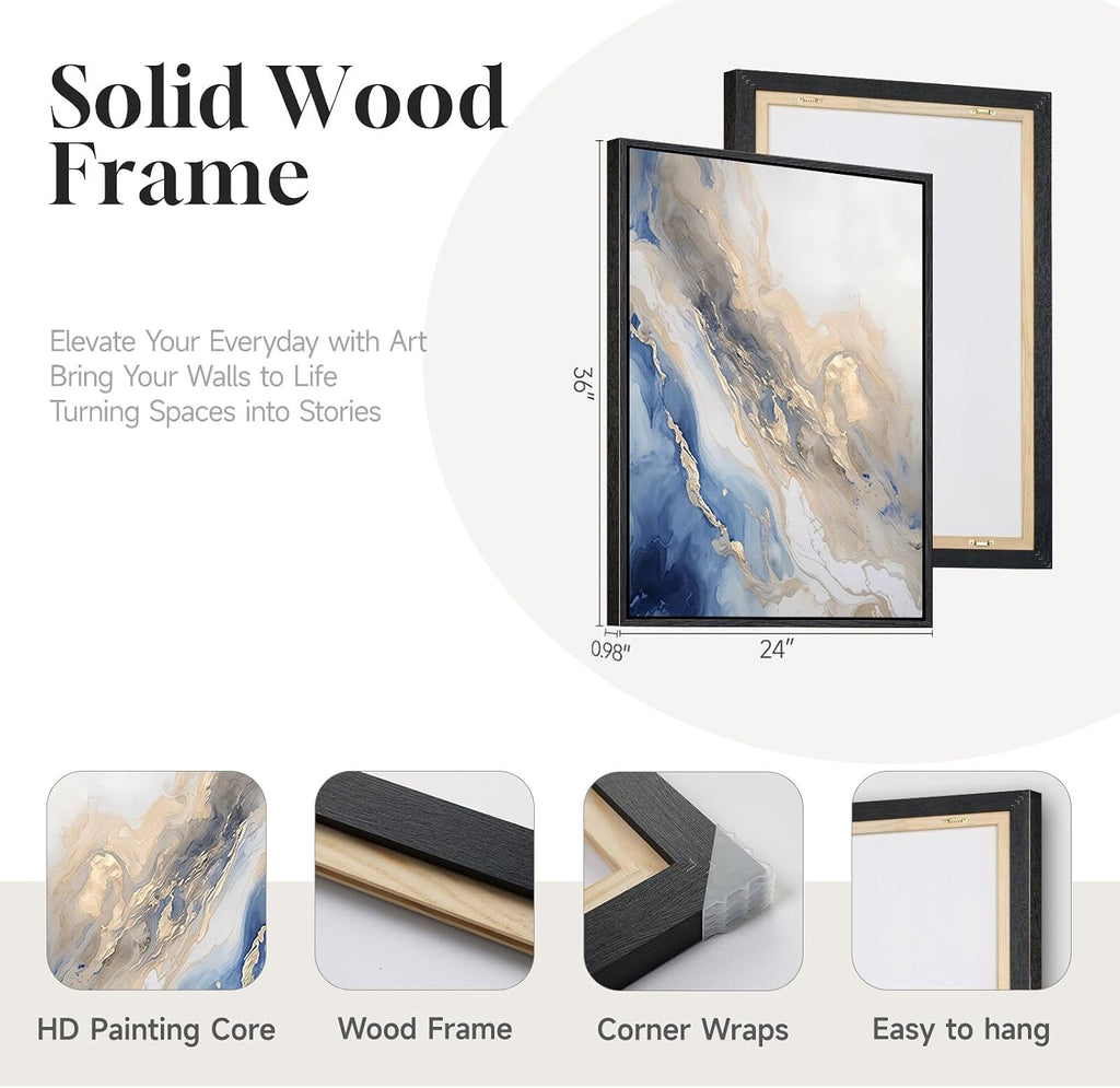 Large Framed Abstract Blue and Gold Wall Art for Living Room, 3 Piece Modern Canvas Artwork for Walls, Contemporary Pictures Prints Paintings for Bedroom Hallway Wall Decor, 24x36 Inch