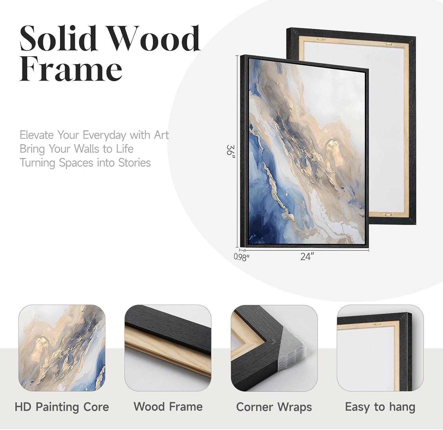 Large Framed Abstract Blue and Gold Wall Art for Living Room, 3 Piece Modern Canvas Artwork for Walls, Contemporary Pictures Prints Paintings for Bedroom Hallway Wall Decor, 24x36 Inch