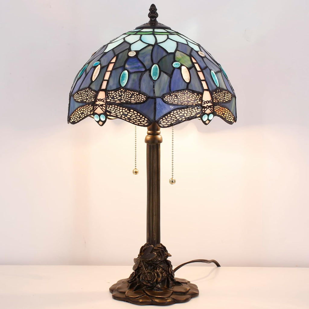 Tiffany Table Lamp Stained Glass Desk Lamp 12X12X21Inch Resin Base for Bedroom Living Room Reading Light (Blue Dragonfly)