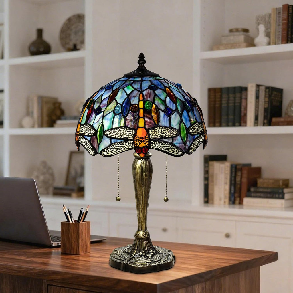 Tiffany Table Lamp, 12 Inch Dragonfly Stained Glass Lamp,Tiffany Style Lamp for Bedroom Living Room Home, Handcrafted Light, Included Bulb