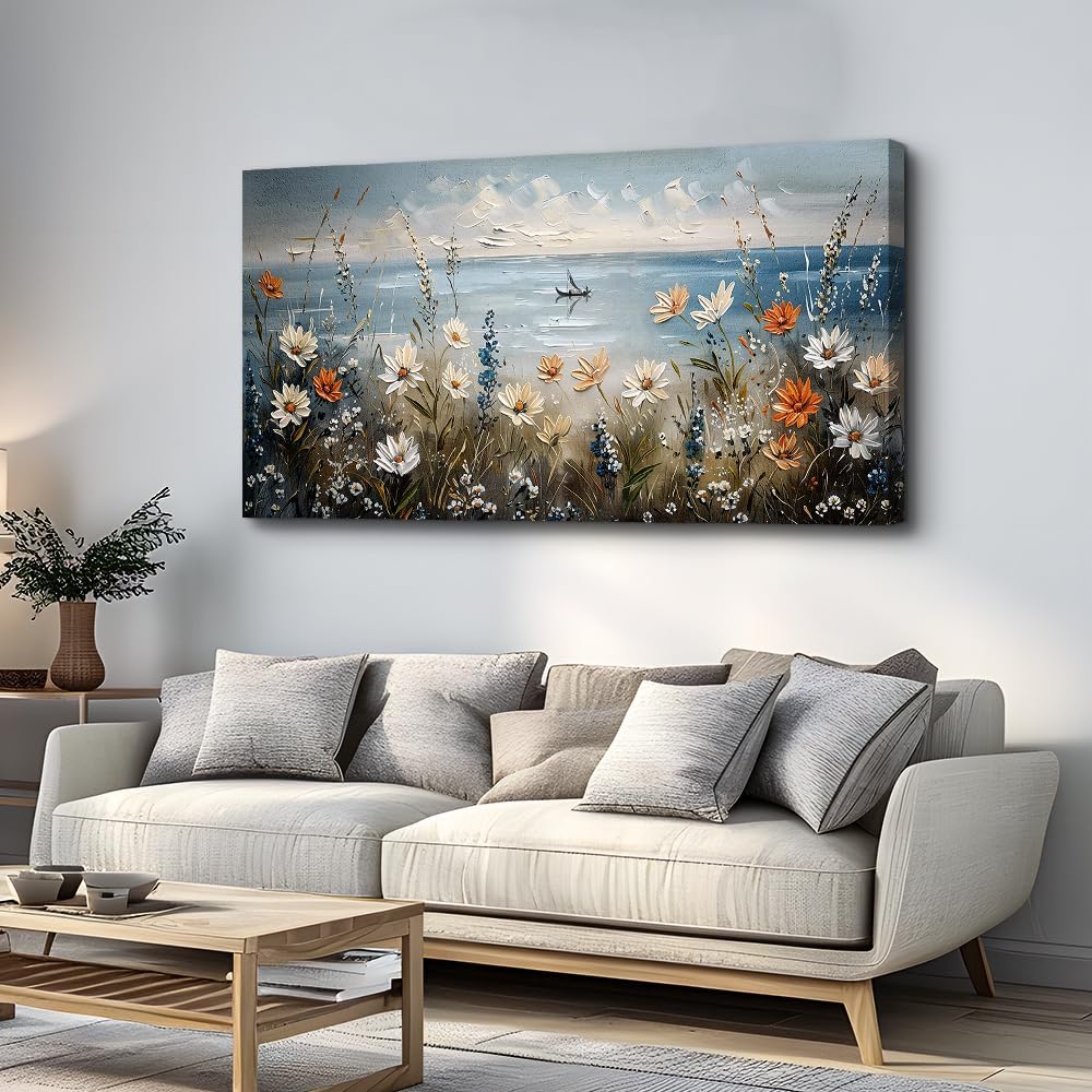 MHARTK66 Wall Art for Living Room Large Beach Painting Ocean Wildflower Canvas Artwork Framed Coastal Landscape Artwork Seascape Nature Rustic Picture for Office Bedroom Home Wall Decor 60x30in