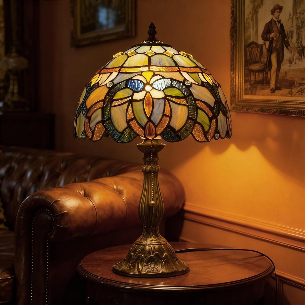 MOAN Lamp Stained Glass Table Lamp 12X12X19 Inch Bedside Reading Light Antique Bronze Base(Blue Baroque Style)