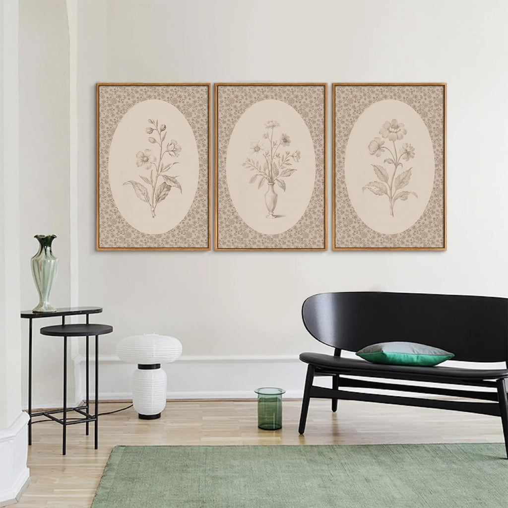 Rantodecor Vintage Flower Framed Canvas Wall Art Triptych, Rustic Floral Wall Decor, Retro Sketch Botanical Art Paintings, Antique French Cottage Artwork for Girls Bedroom Living Room Bathroom 24'x36'