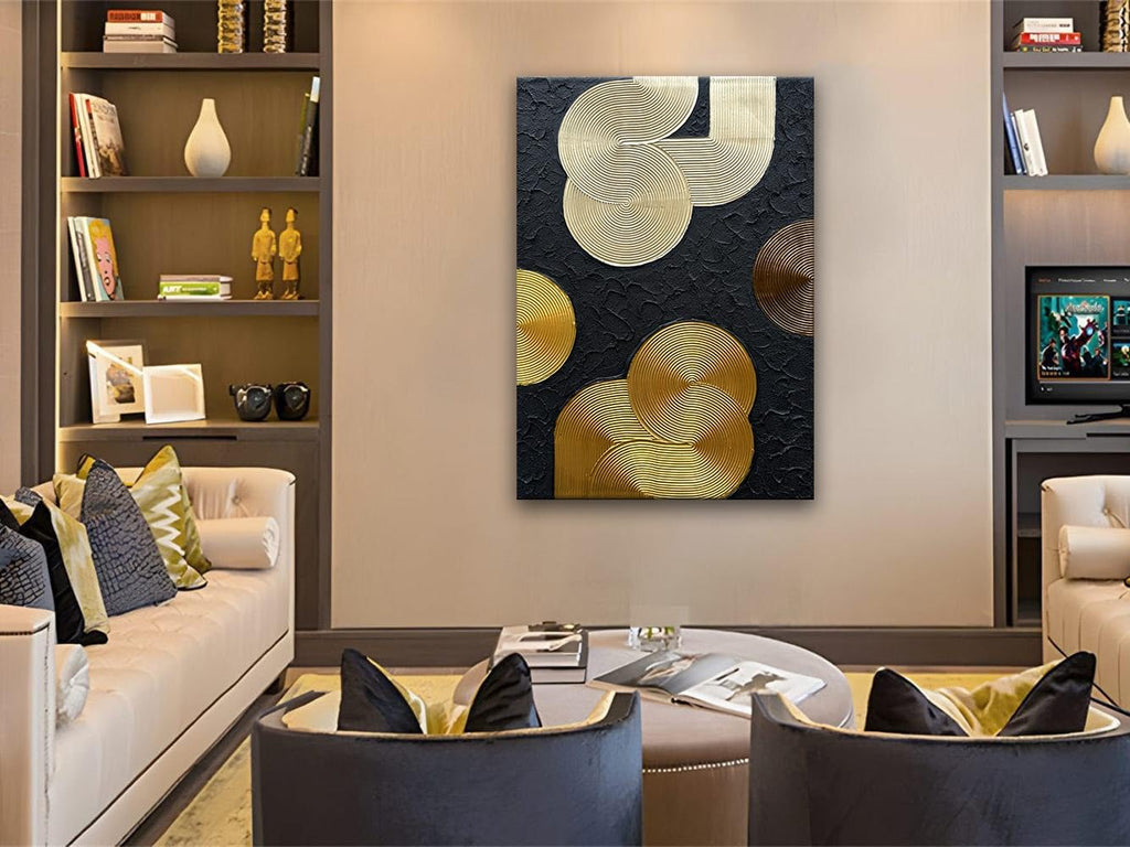 Slyart Black and Gold Texture Wall Art, Handmade 3D Arch Painting, 28'x40' Large Abstract Canvas Wall Art for Living Room