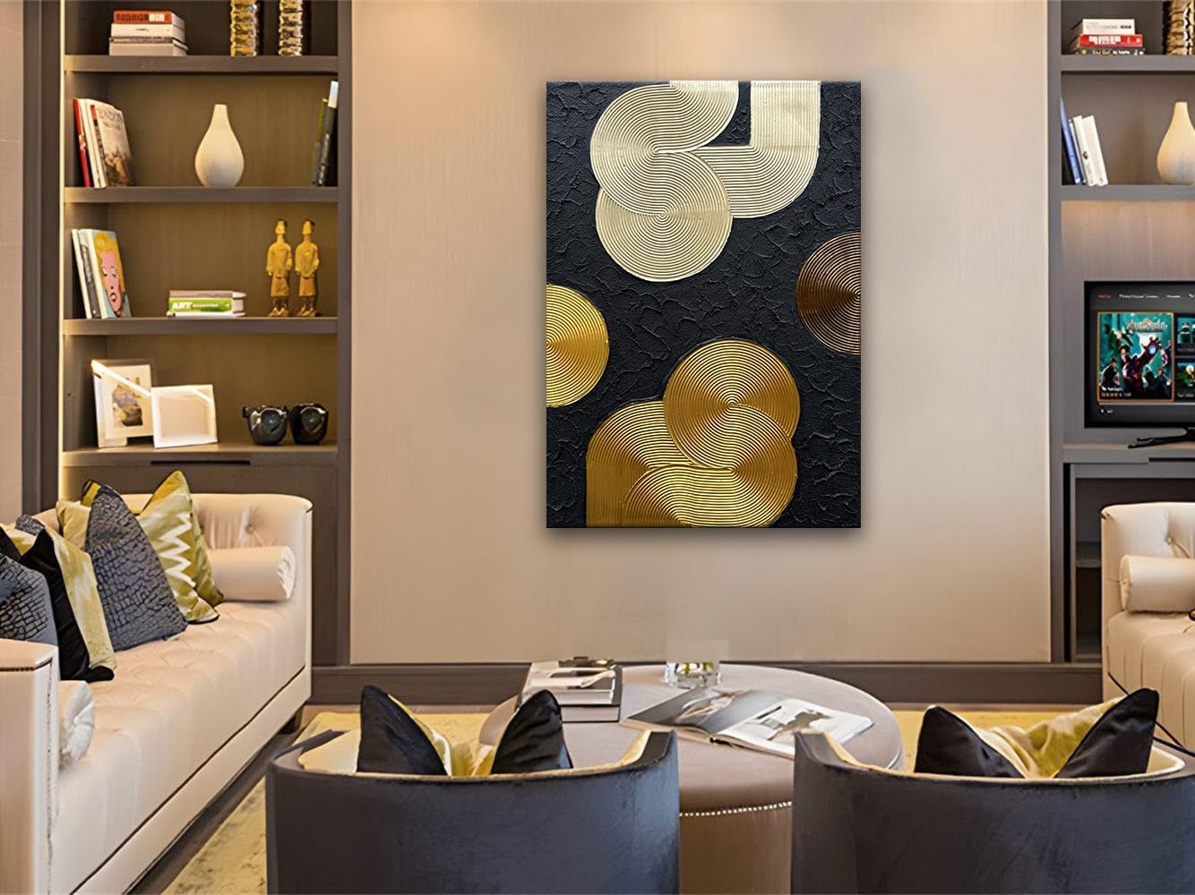 Slyart Black and Gold Texture Wall Art, Handmade 3D Arch Painting, 28'x40' Large Abstract Canvas Wall Art for Living Room