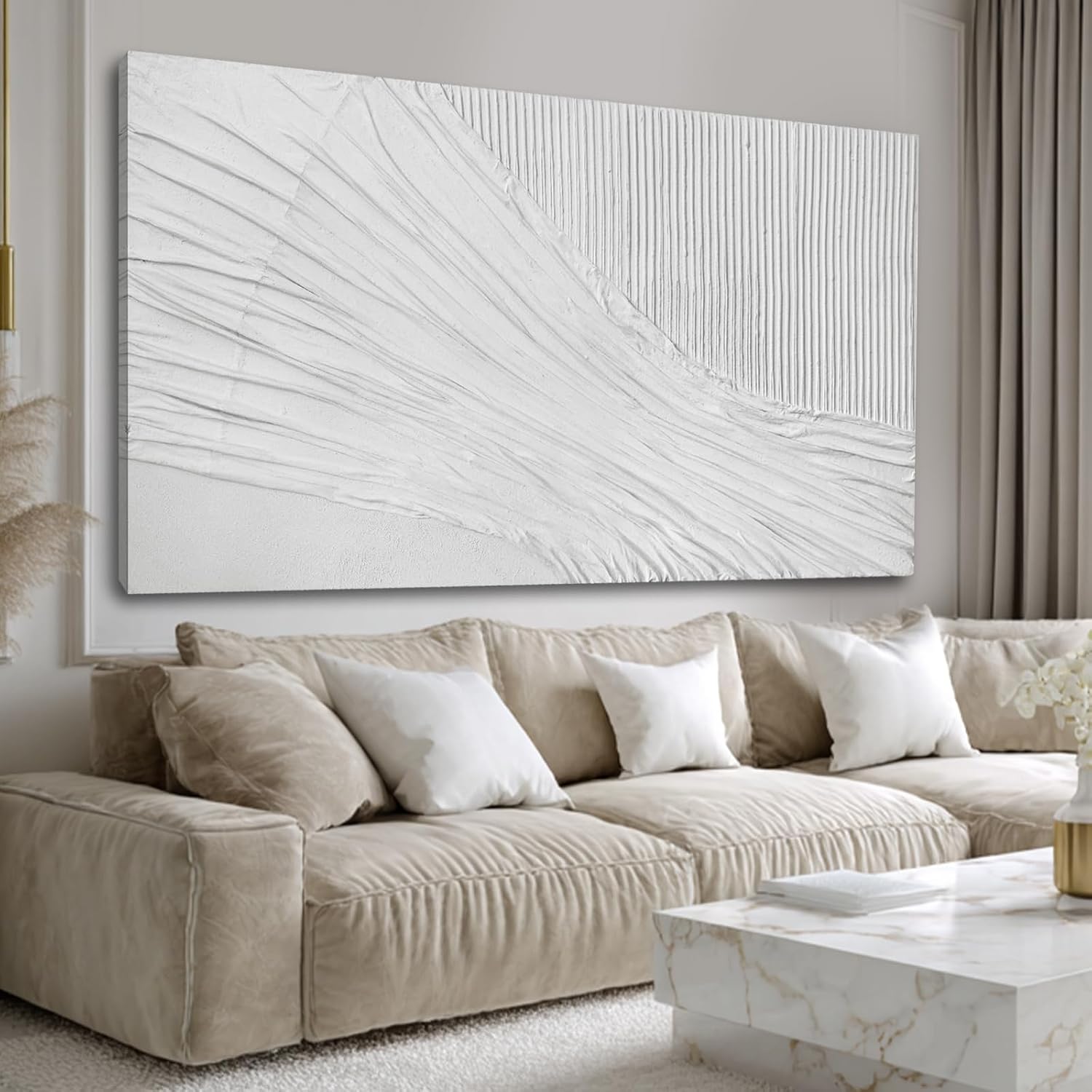 White Textured Abstract Canvas Wall Art, 29x58 Large Minimalist Wall Decor with 3D Pattern, Modern Neutral Framed Wall Art for Living Room Bedroom Entryway