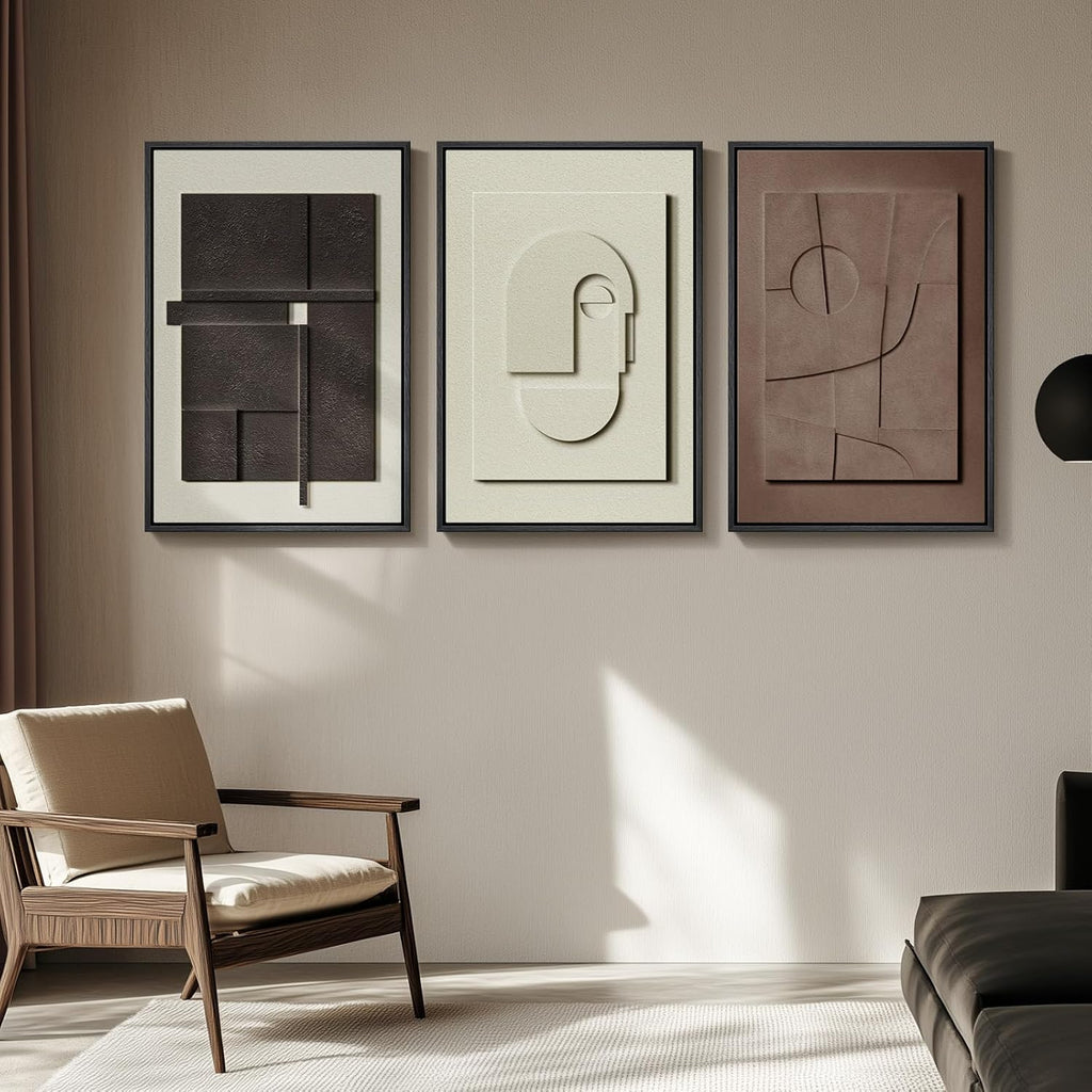 Large 3D Textured Framed Abstract Wall Art for Living Room, 3 Piece Modern Paintings Artwork for Walls, Black White Brown Geometric Sandstone Texture Pictures for Hallway Office Home Decor 24x36 In
