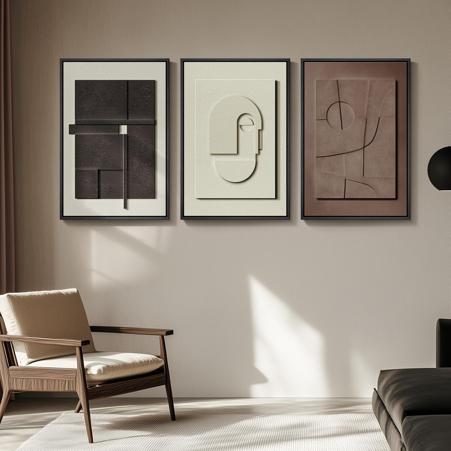 Large 3D Textured Framed Abstract Wall Art for Living Room, 3 Piece Modern Paintings Artwork for Walls, Black White Brown Geometric Sandstone Texture Pictures for Hallway Office Home Decor 24x36 In