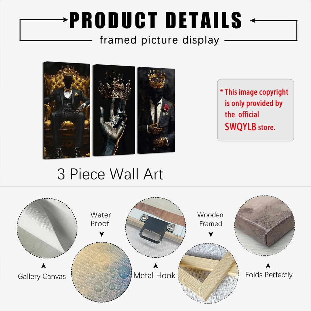 SWQYLB Black Man Canvas Wall Art 3 Pieces African American Pictures Afro King Poster Prints Gold Crown Painting for Men Bedroom Office Decor Framed (Black, 36x18inchx3 Pieces)