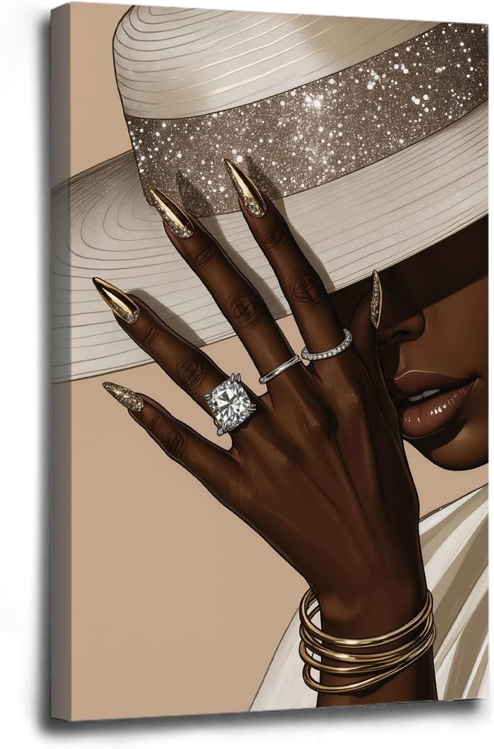 Fashion wall painting Black girl with white hat Canvas painting African poster is a good choice for room decoration Simple art 28x40in Wood Framed