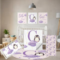 Terwex Custom Baby Bedding Set, 5 Pcs Personalized Baby Crib Sets with Name, Toddler Bedding Set for Baby Girl Boy, Purple Penguin Double Layer Nursery Bedding Set, Customized Gift for Infant Newborn
