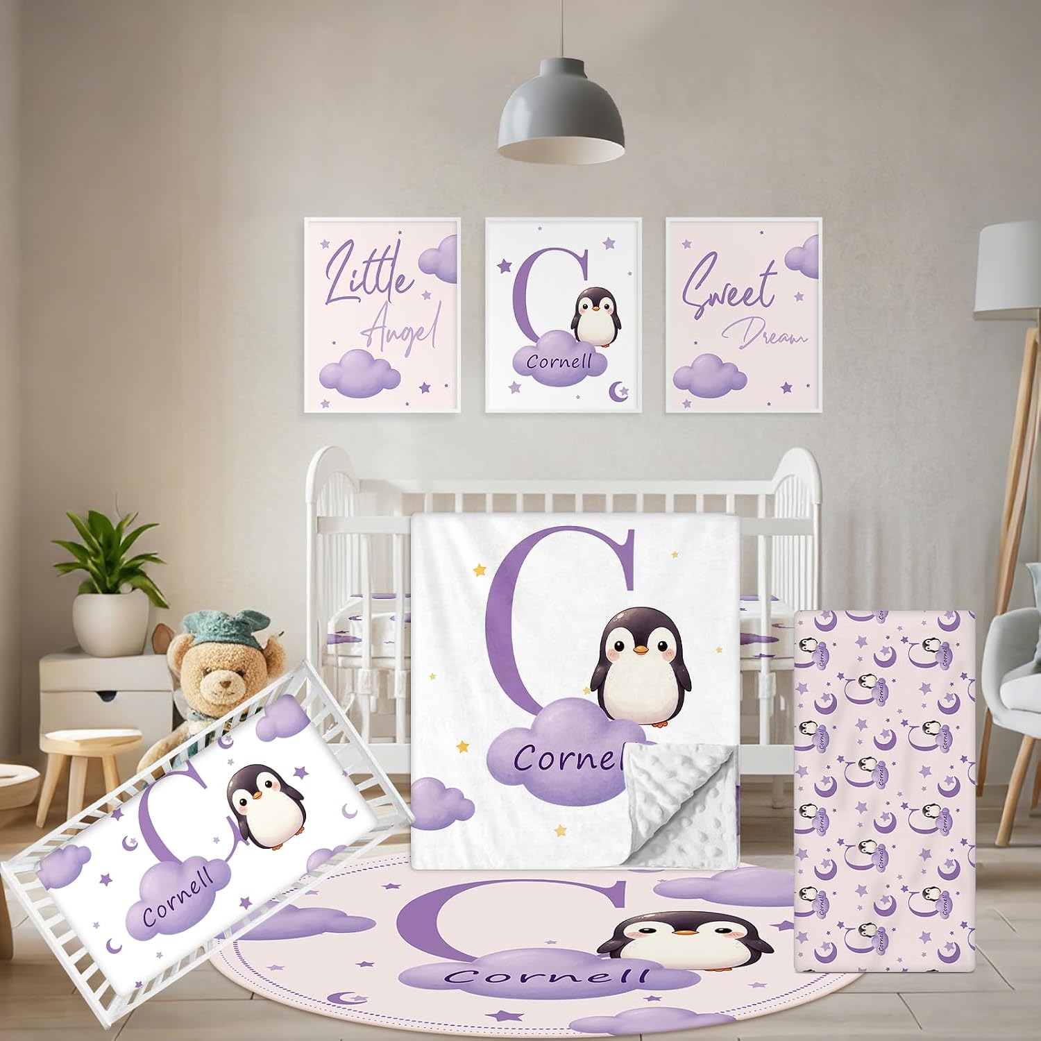 Terwex Custom Baby Bedding Set, 5 Pcs Personalized Baby Crib Sets with Name, Toddler Bedding Set for Baby Girl Boy, Purple Penguin Double Layer Nursery Bedding Set, Customized Gift for Infant Newborn
