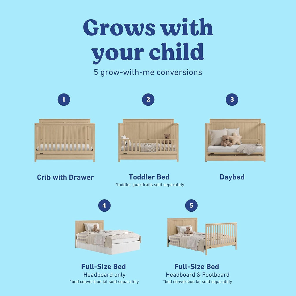 Graco Hadley 5-in-1 Convertible Crib with Drawer – GREENGUARD Gold Certified, Fits Standard Crib Mattress, Converts to Toddler Bed, Daybed and Full Bed, 4 Adjustable Mattress Heights (Driftwood)