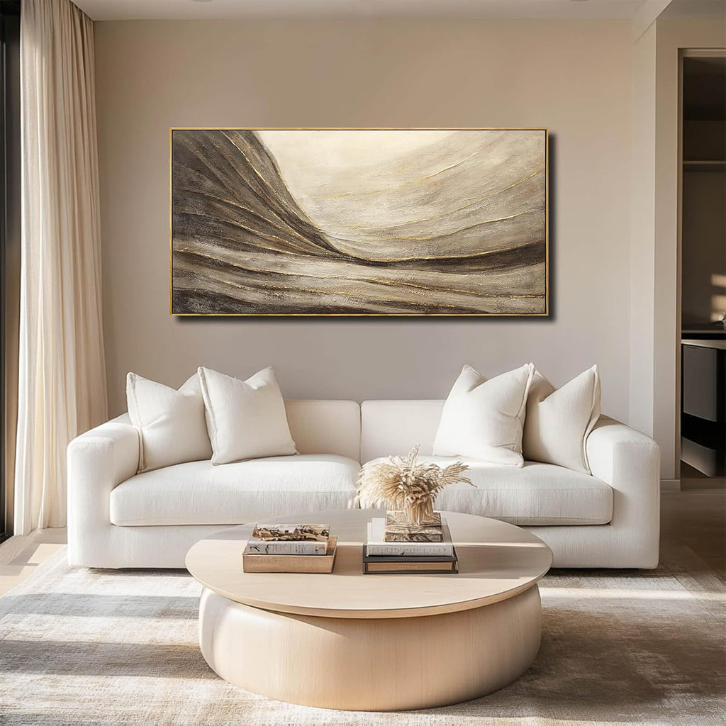 WINKAILIN Modern Abstract Wall Art with Frame Brown and Grey Painting Wave Poster Line Canvas for Living Room Bedroom Textured Home Decor 24x48 Inch