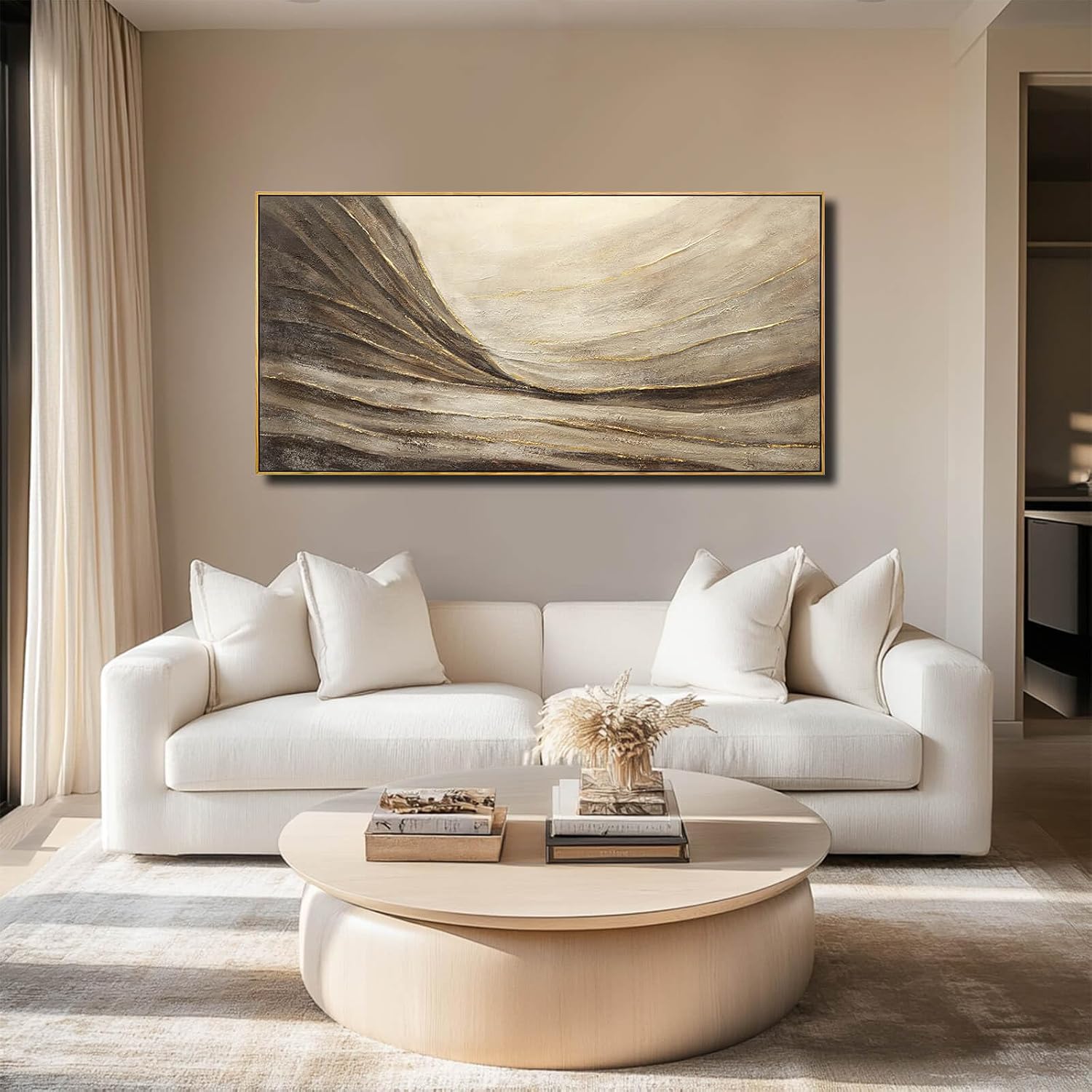 WINKAILIN Modern Abstract Wall Art with Frame Brown and Grey Painting Wave Poster Line Canvas for Living Room Bedroom Textured Home Decor 24x48 Inch