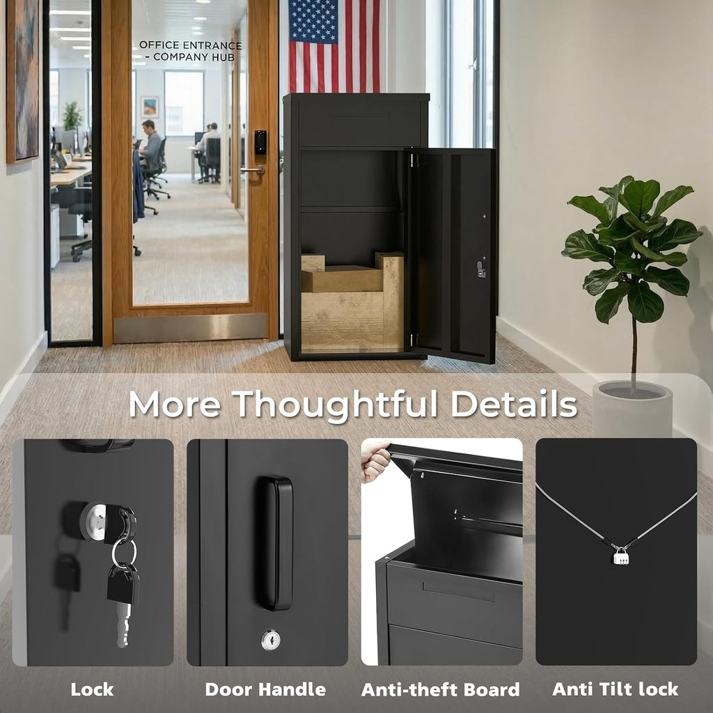 Package Delivery Box for Outside,Lockable Anti-Theft Parcel Drop Box with Mailbox Waterproof Weather Resistant Full Metal Frame (Black, 38.3'x17'x16', Flip-Top)