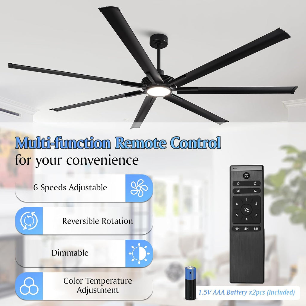 100 Inch Ceiling Fans with Lights and Remote, Industrial Black Ceiling Fan for Living Room Shop Garage Large Outdoor Ceiling Fans for Patios, Dimmable, 6-Speed Reversible DC Motor, 7 Aluminum Blades
