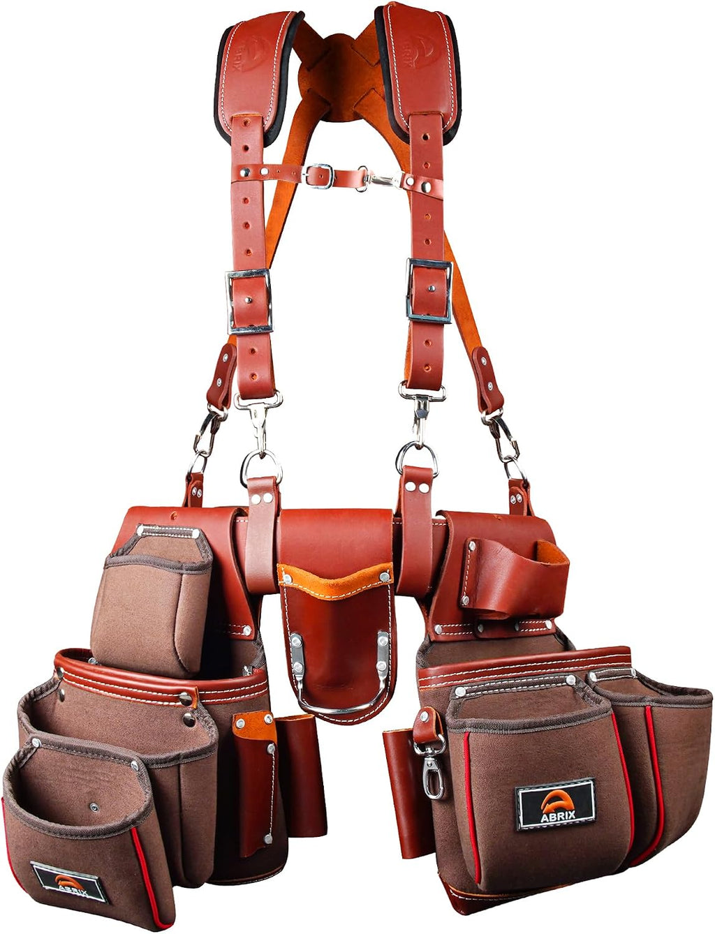ABRIX Heavy Duty Tool Belt – 4MM Genuine Leather & Ballistic Nylon, Brass Buckle & Rivets, EVA Sheet Reinforced Lining, Foam Padded Comfort Framing Rig & Carpenter Tool Belt with Suspender | 28 Pocket