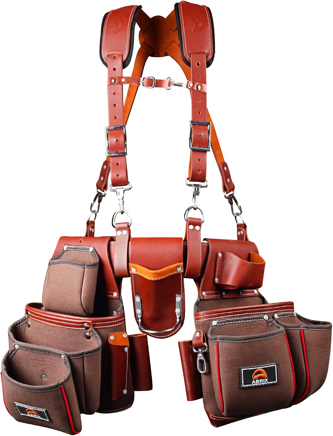 ABRIX Heavy Duty Tool Belt – 4MM Genuine Leather & Ballistic Nylon, Brass Buckle & Rivets, EVA Sheet Reinforced Lining, Foam Padded Comfort Framing Rig & Carpenter Tool Belt with Suspender | 28 Pocket