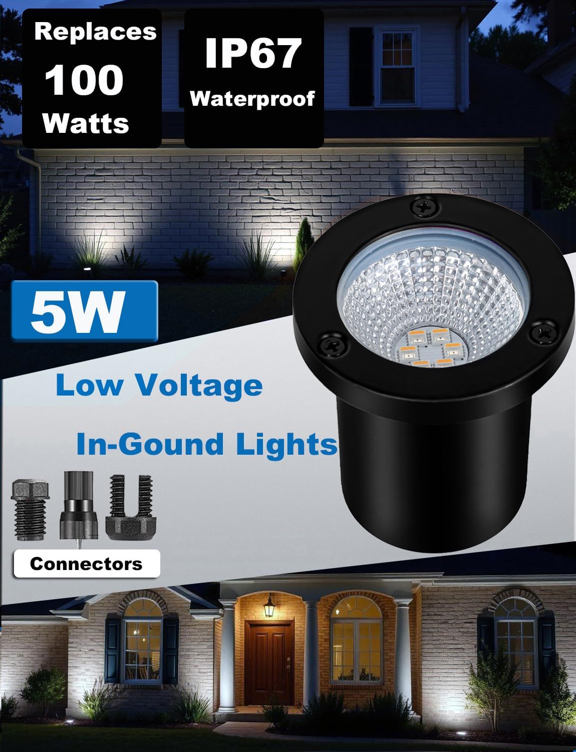 Low Voltage Landscape Lights Well Lights Landscape LED in Ground Light IP67 Waterproof Outdoor Landscape Lighting with Connectors for Pathway Garden Yard Fence Deck (Cool White 5000K)