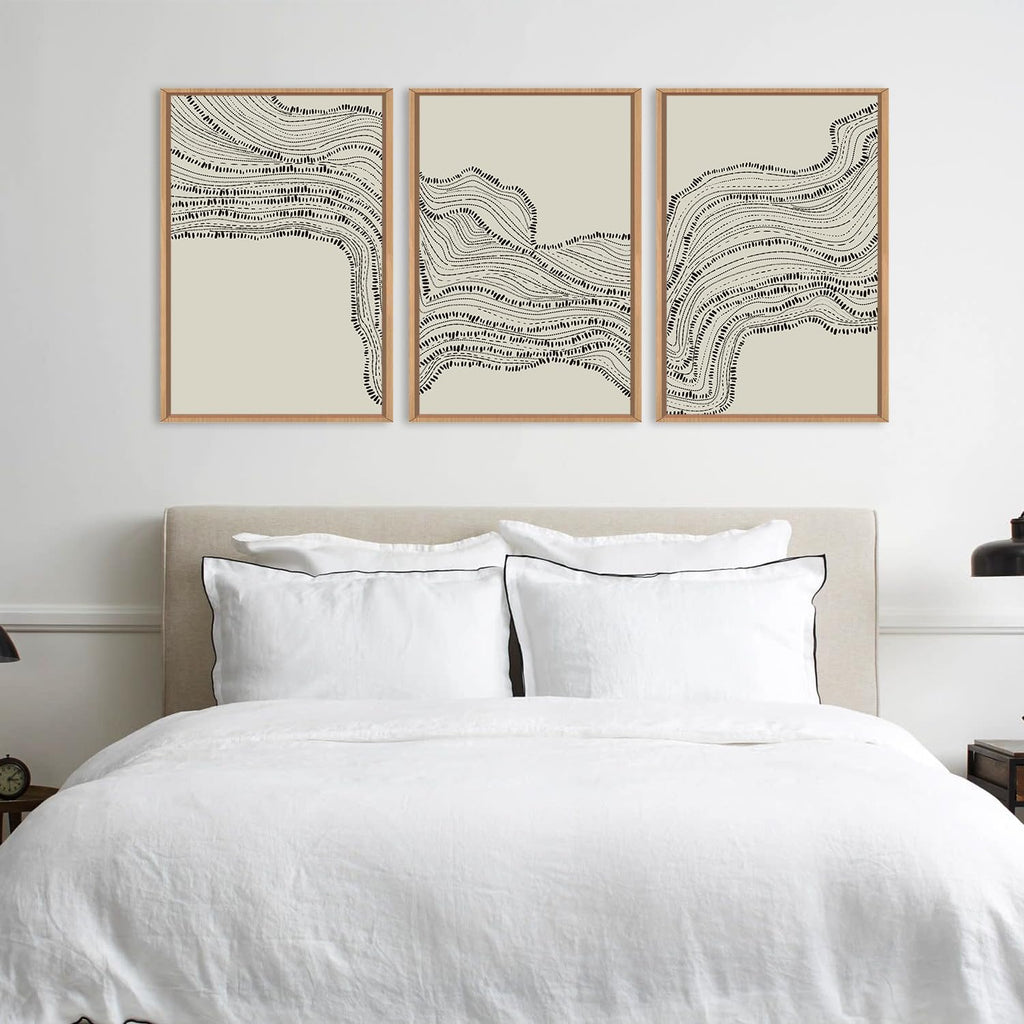 HLNIUC Neutral Abstract Framed Canvas Wall Art Set, Black Beige Wave Line Wall Decor, Large Minimalist Painting, Modern Geometric Art Print for Living Room, Bedroom, Dinning Room, Office - 24'x36'x3