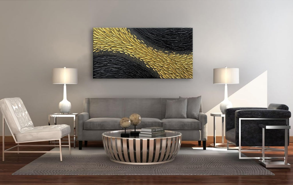 Slyart Black and Gold Wall Art, Large Gold Texture Abstract Art, Contemporary Art Oil Painting, 24'x48' Modern Home Decor for Living Room Bedroom