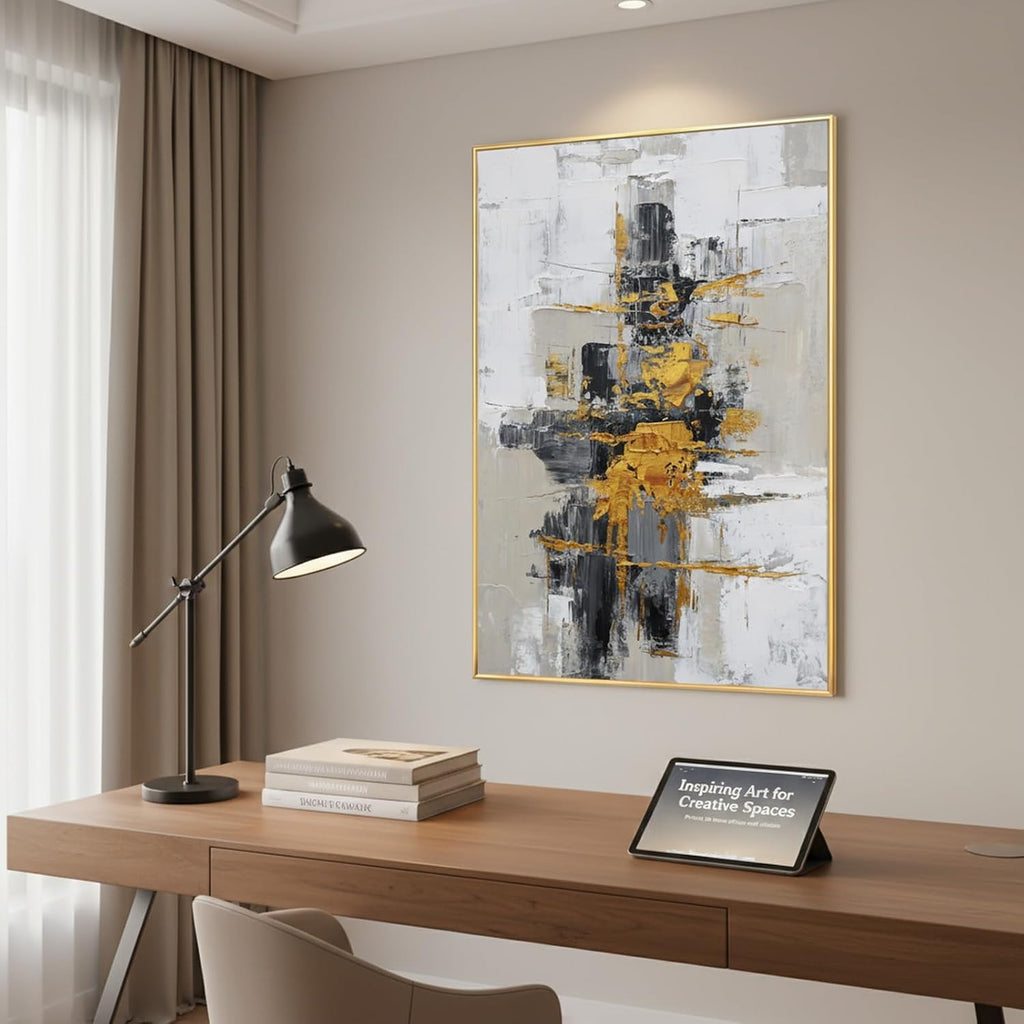 Hand-Painted Abstract Living Room Wall Art,Framed Large Black and White Canvas Oil Painting for bedroom,3D Gold Thick Textrued Abstract Wall Decor for Office Home Decoration 32x48 inches