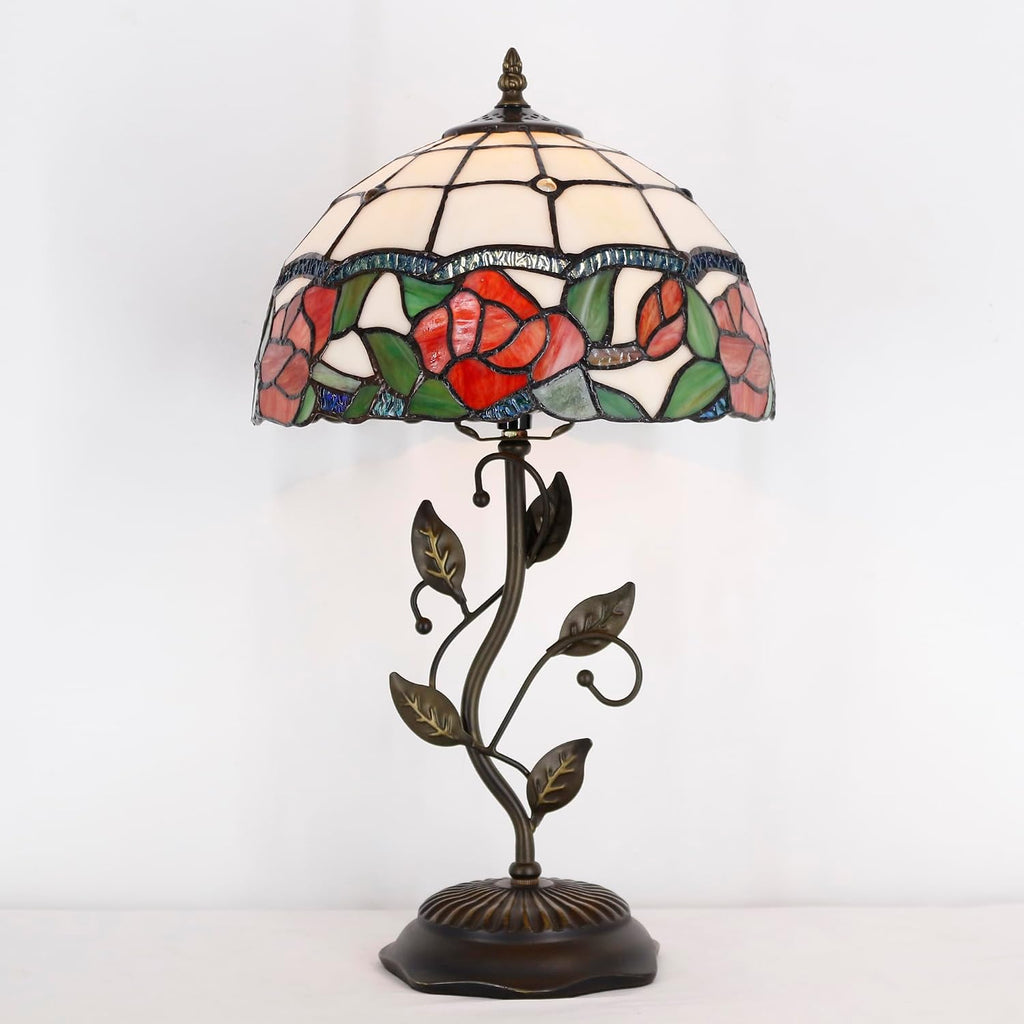 Tiffany Lamp Rose Flower Style Stained Glass Table Lamp Desk Bedside Reading Light 12X12X19 Inches with Metal Leaf Base Decor Bedroom Living Room