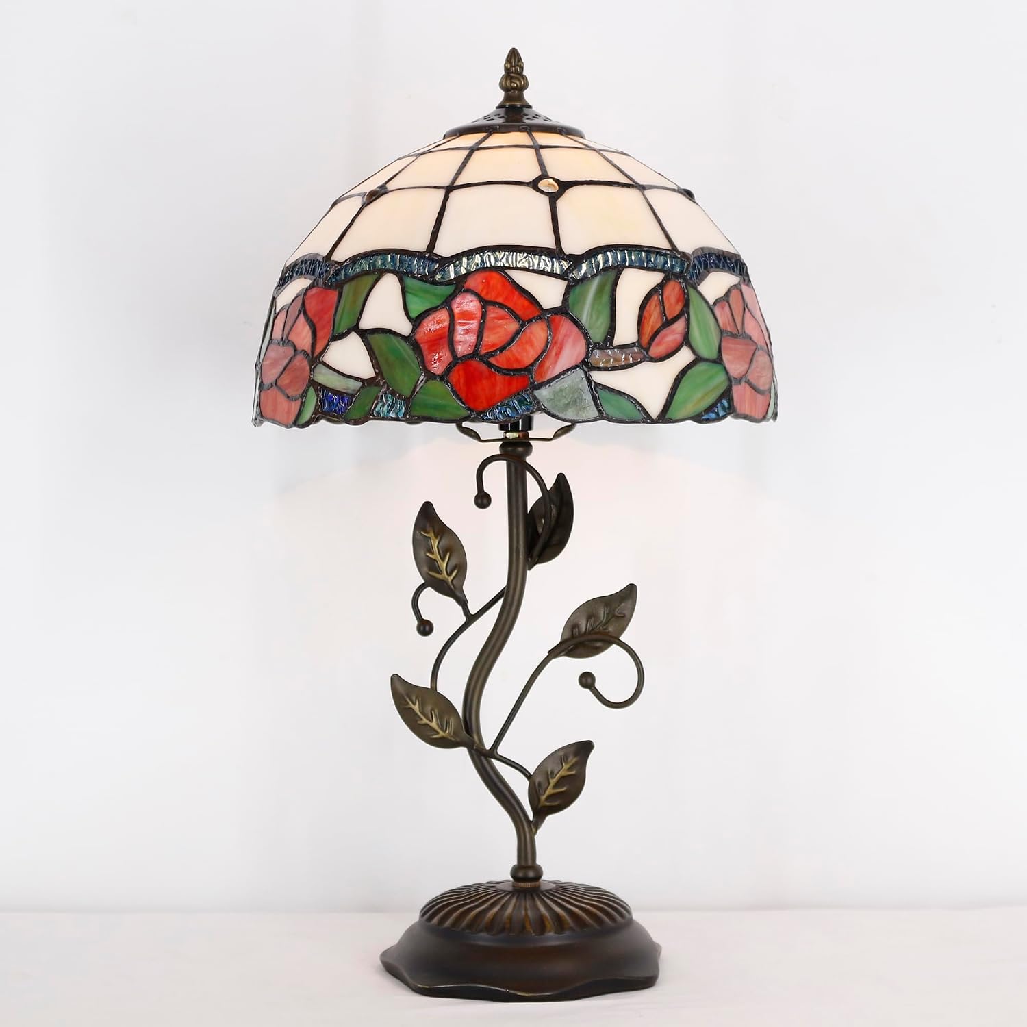Tiffany Lamp Rose Flower Style Stained Glass Table Lamp Desk Bedside Reading Light 12X12X19 Inches with Metal Leaf Base Decor Bedroom Living Room