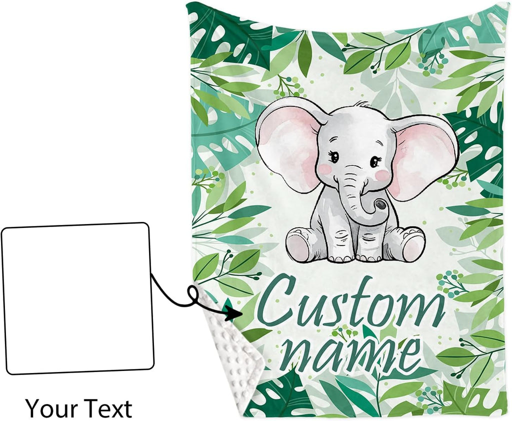 Personalized Baby Crib Bedding Set, Green Elephant Design Custom Name Baby Crib Sets 5-Pcs, Toddler Double Layer Blanket Fitted Sheets Changing Pad Cover Rug Wall Art Set, Charming Nursery Decor