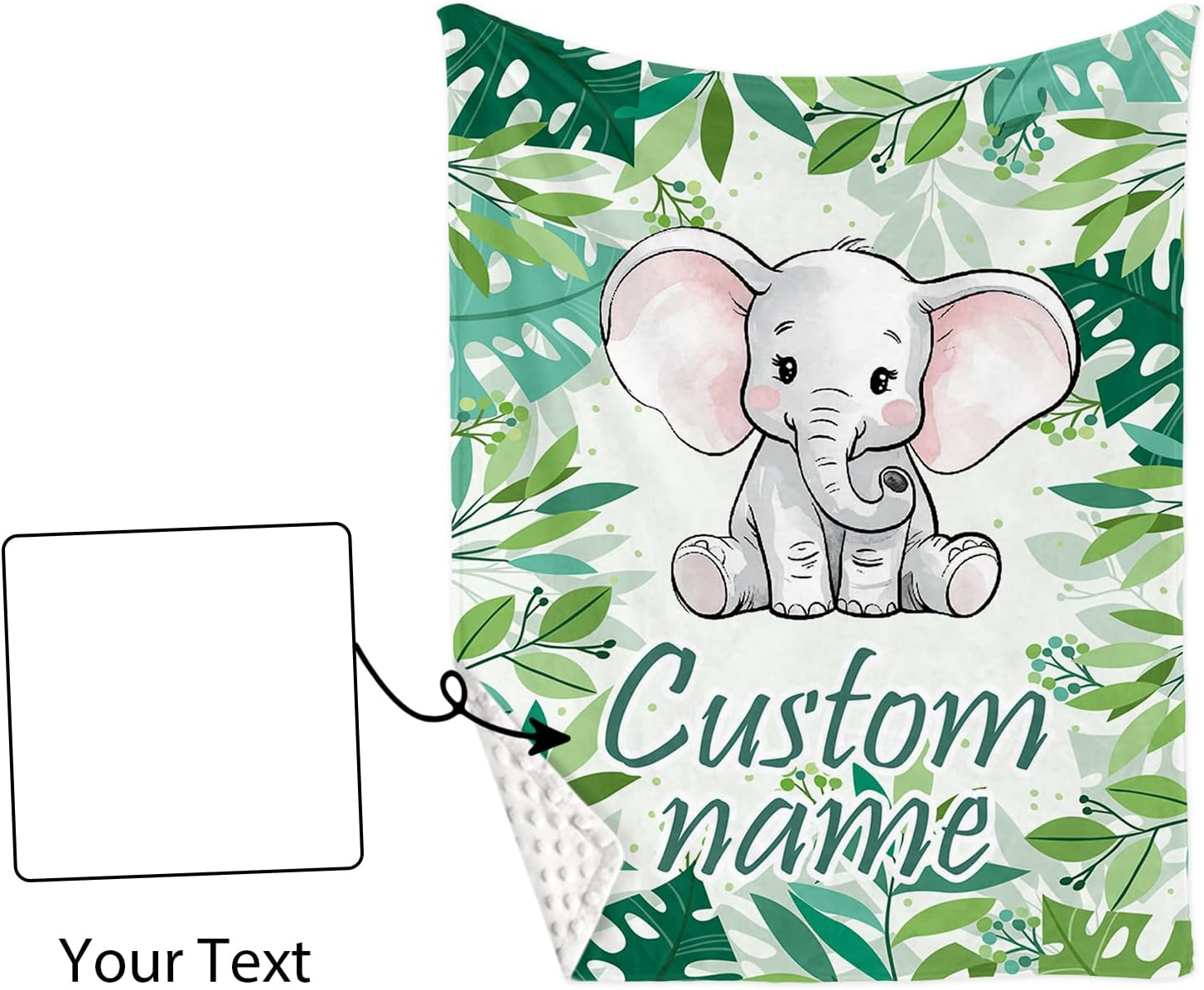 Personalized Baby Crib Bedding Set, Green Elephant Design Custom Name Baby Crib Sets 5-Pcs, Toddler Double Layer Blanket Fitted Sheets Changing Pad Cover Rug Wall Art Set, Charming Nursery Decor