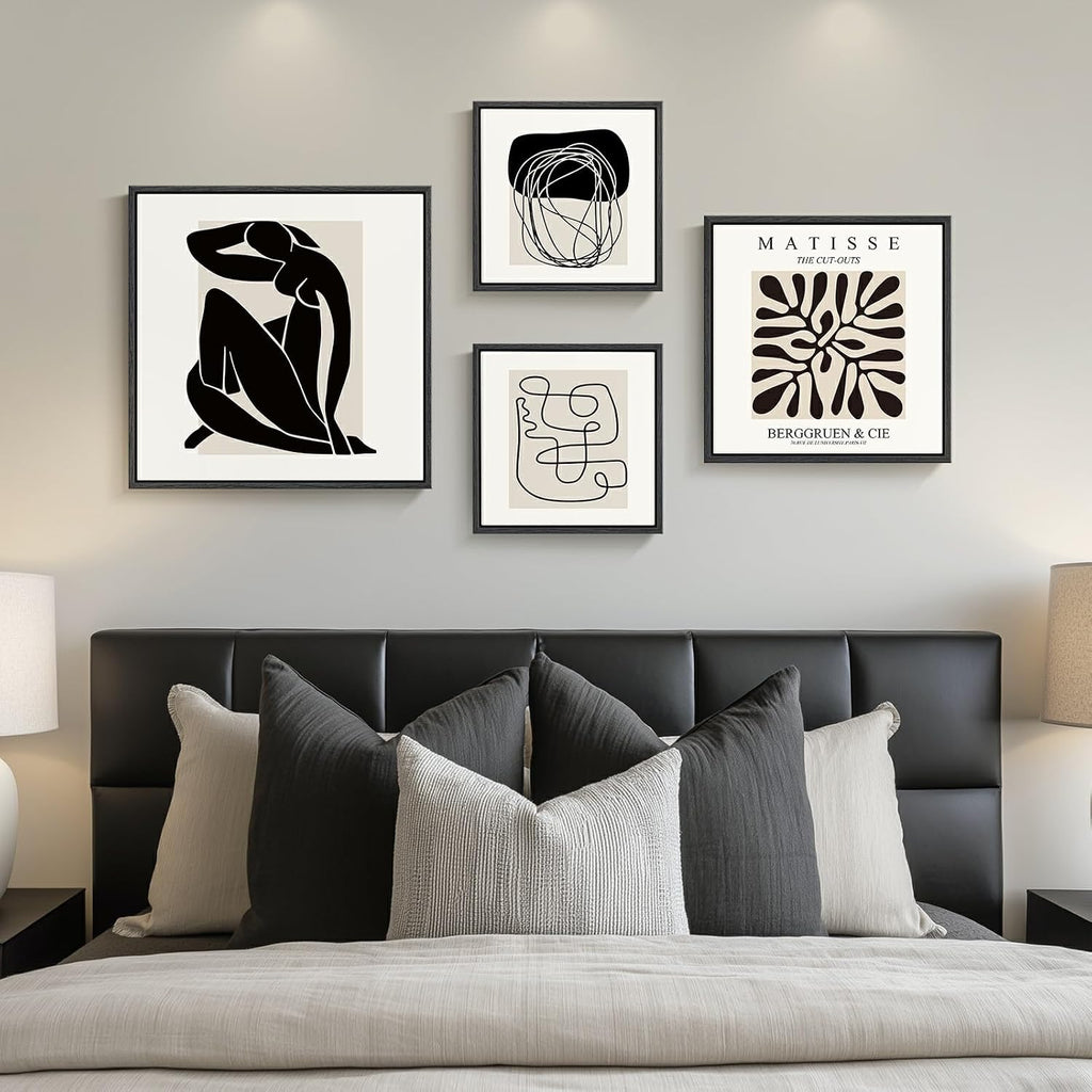 Framed Matisse Abstract Wall Art for Living Room, Set of 4 Piece Black and White Modern Canvas Artworks, Mid Century Neutral Beige Minimalist Painting Prints for Bedroom Hallway Office Wall Decor