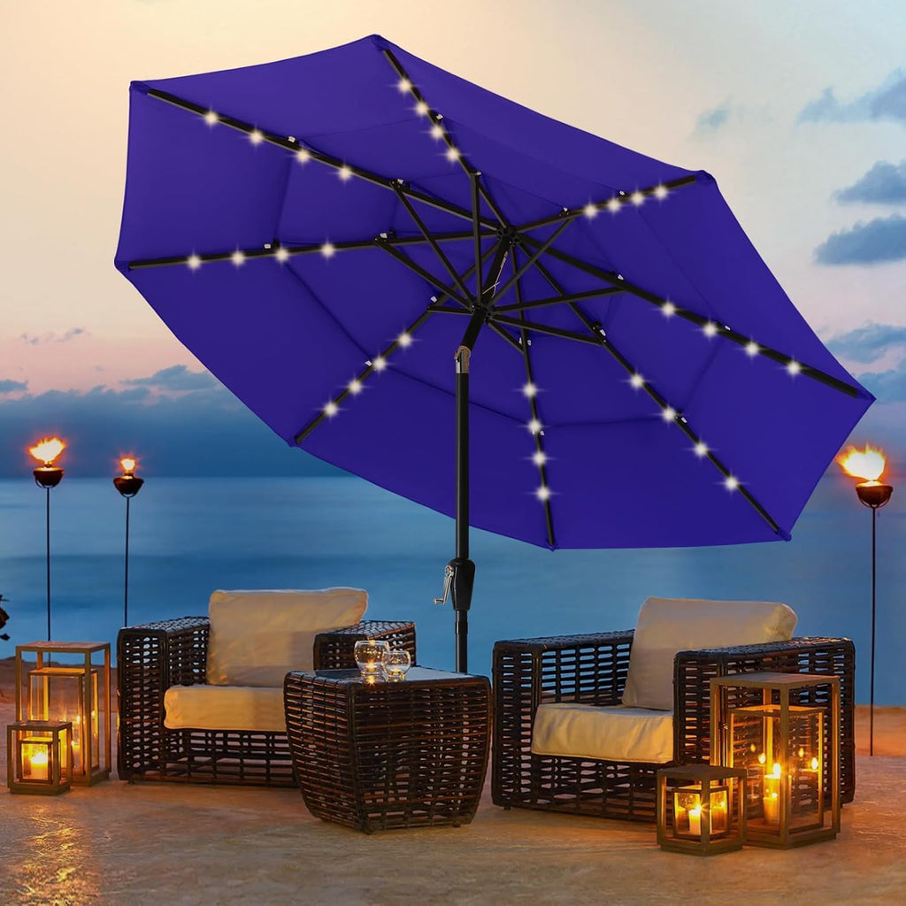 ABCCANOPY 3-Tiers 11FT Solar Patio Umbrella, Outdoor Umbrella with 32 LED Lights for for Deck, Pool, Garden, Backyard (Blue)