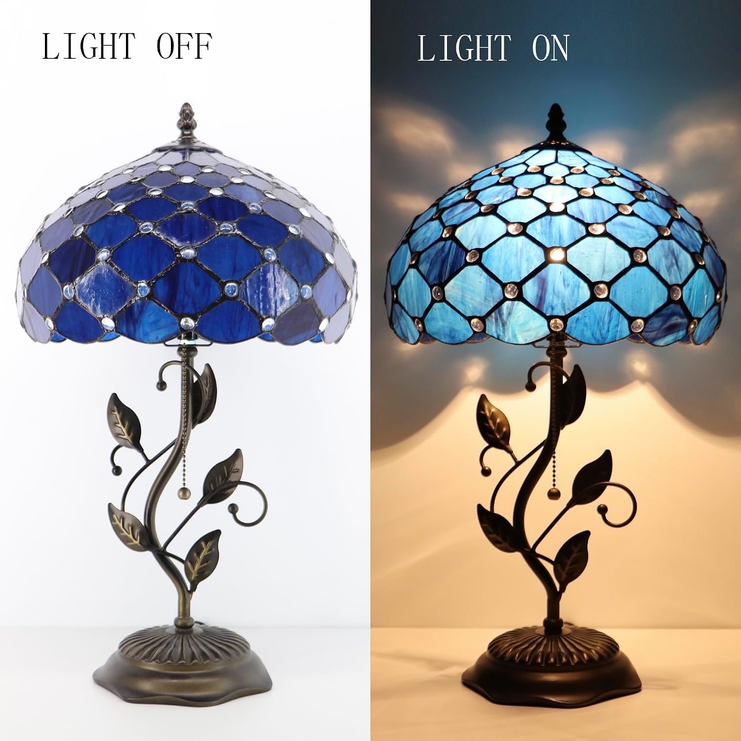 Tiffany Table Lamp, Stained Glass Style Desk Lamp, 12X12X19 Inch,Bedside Reading Light, Metal Leaf Base（Blue Beads Style