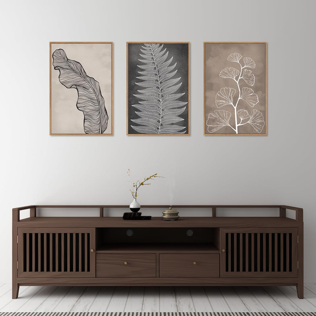 HLNIUC Botanical Neutral Framed Wall Art Set, Abstract Fern Leaf Canvas Wall Decor, Vintage Rustic Plant Wall Painting, Black Beige Nature Art Print for Living Room, Bedroom, Office - 24'x36'x3