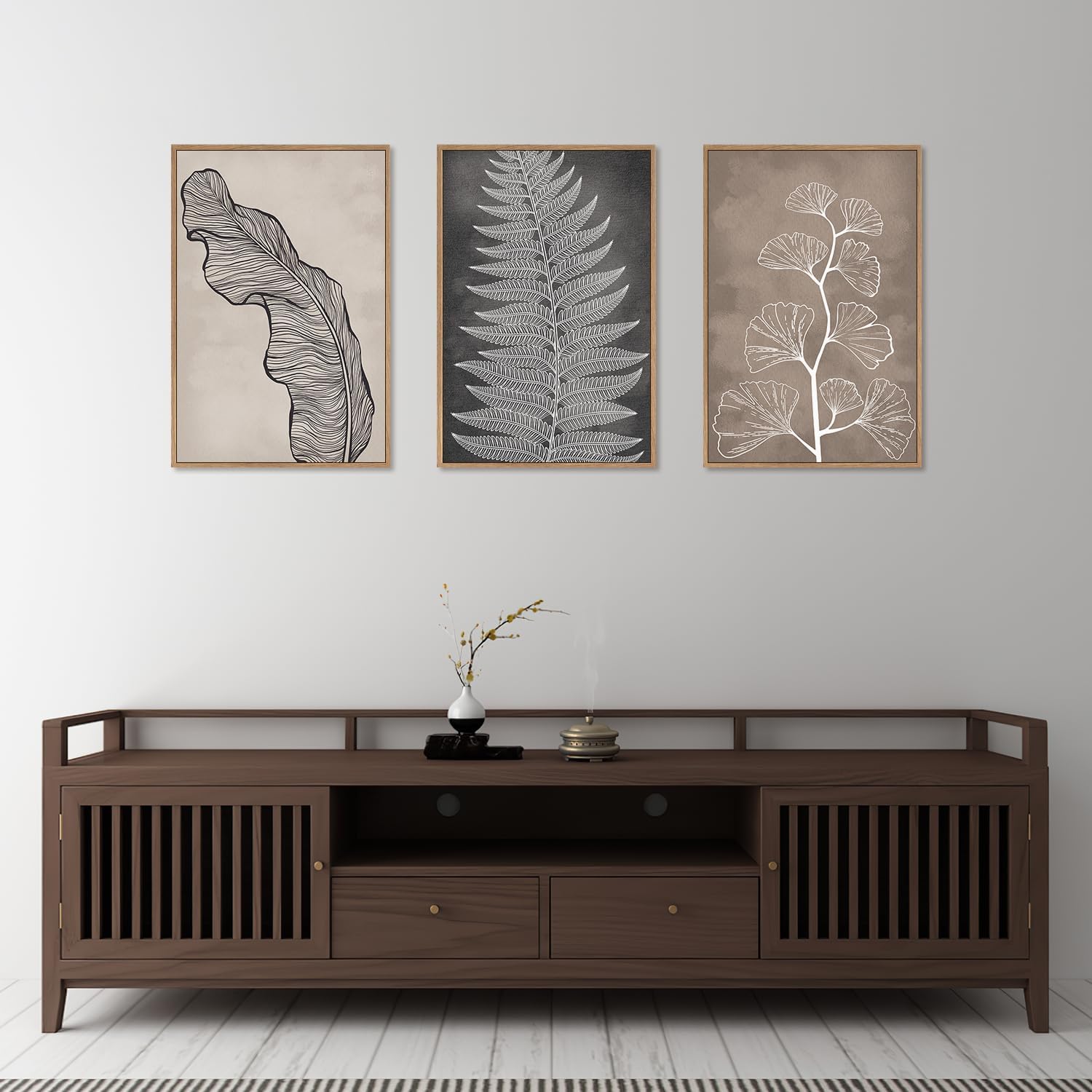 HLNIUC Botanical Neutral Framed Wall Art Set, Abstract Fern Leaf Canvas Wall Decor, Vintage Rustic Plant Wall Painting, Black Beige Nature Art Print for Living Room, Bedroom, Office - 24'x36'x3
