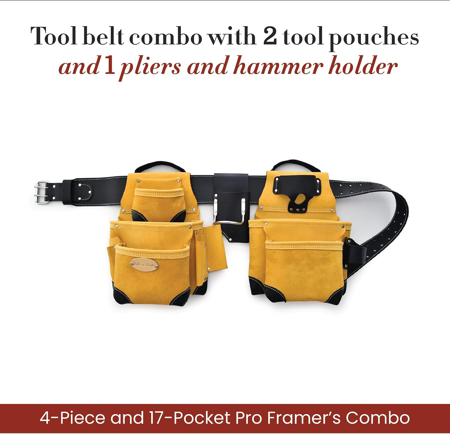 Style n Craft 4-Piece and 17-Pocket Pro Framer's Combo, Tool Belt with 2 Tool Pouches and 1 Pliers and Hammer Holder, Full-Grain Leather Tool Belt Combo, Yellow with Black Leather Corners (93414)