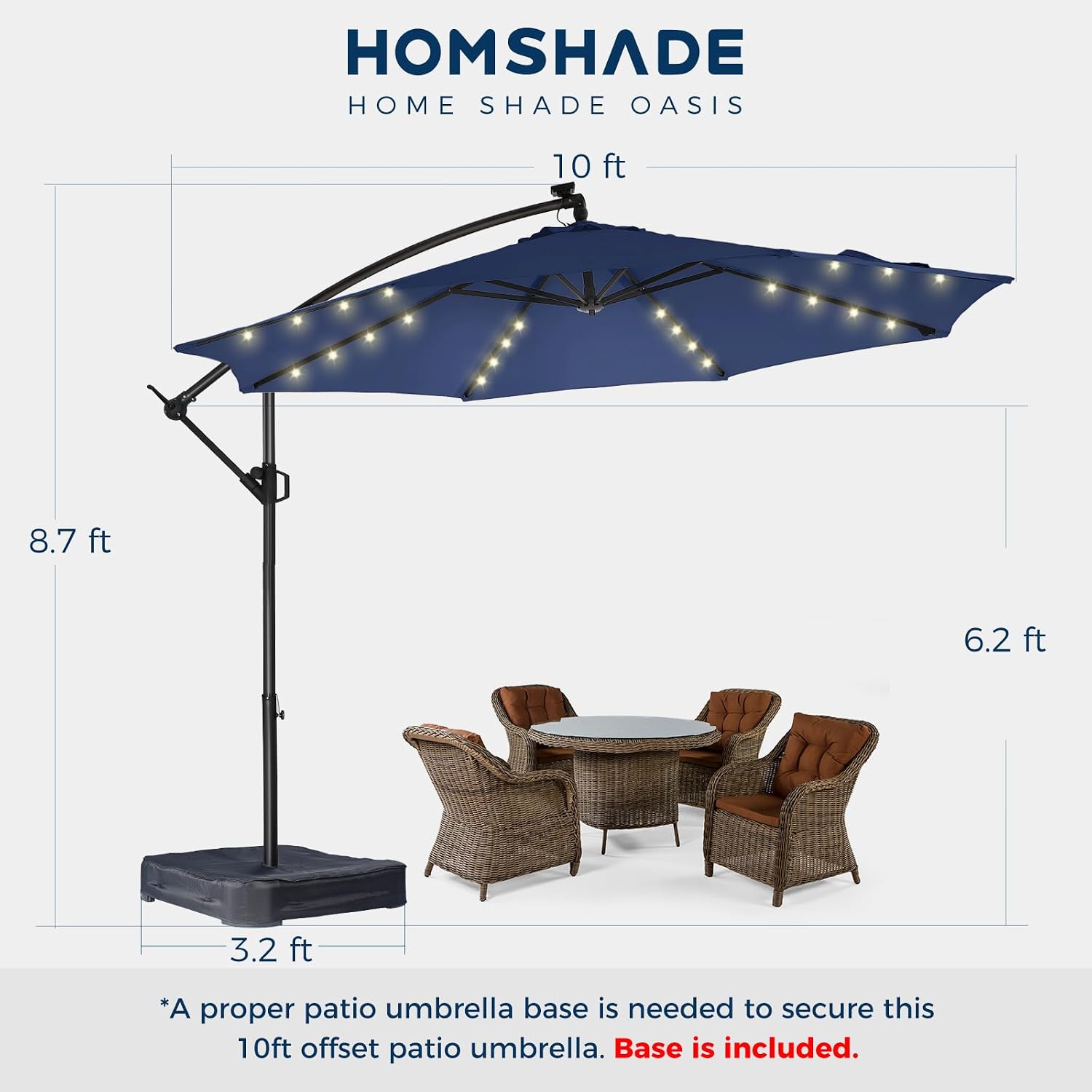 HOMSHADE 10ft Solar Lights Offset Cantilever Patio Umbrella - with Light and Base, LED Lighted Offset Hanging Patio Outdoor Market Umbrella UPF50+ UV Protection with Easy Tilt and Crank (Navy Blue)