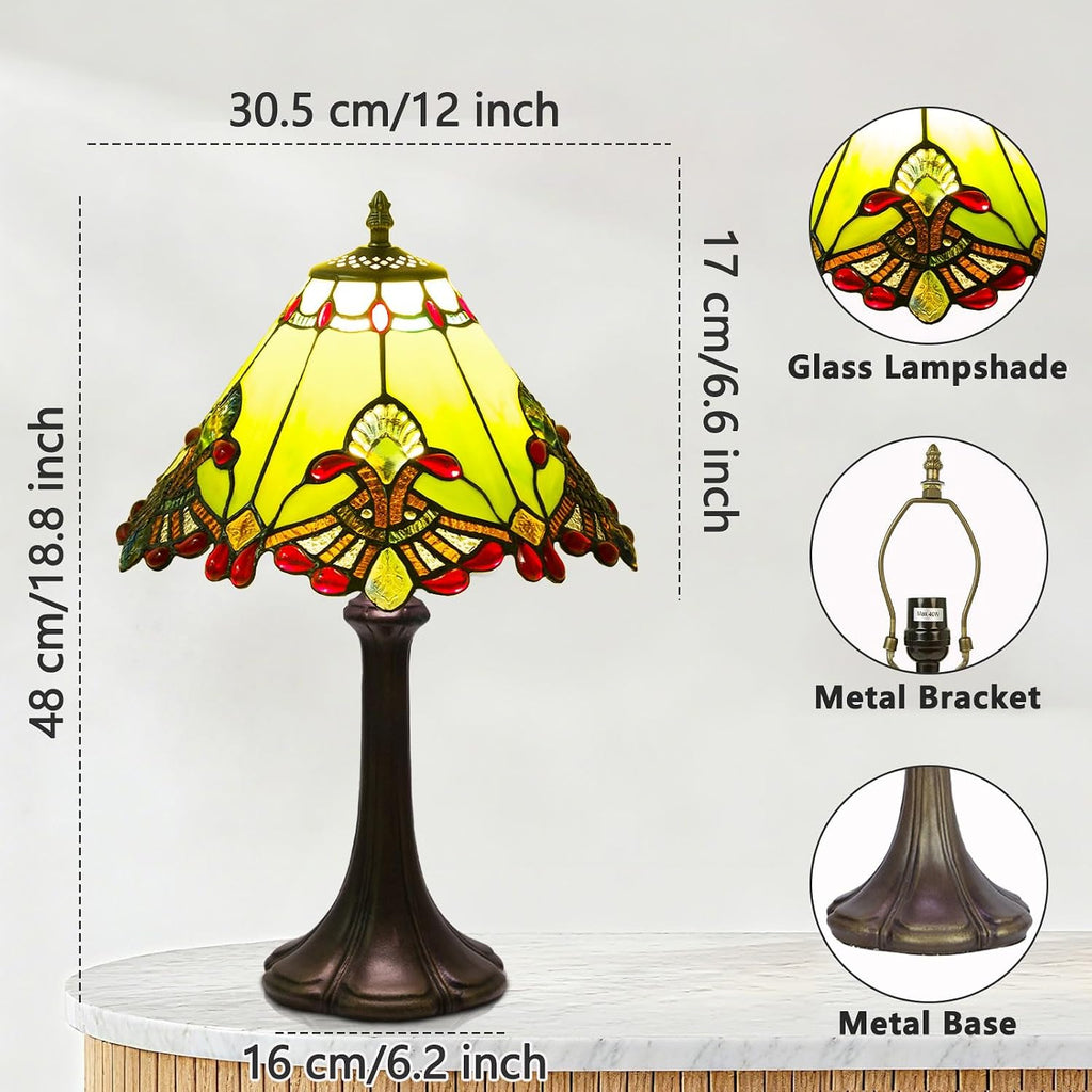 Tiffany Style Table Lamp, Small Stained Glass Lamp for Bedside, Bedroom, Nightstand, Living Room, 12 Inch Mini Vintage Light Included E26 Bulbs with Remote Control (Green Umbrella)