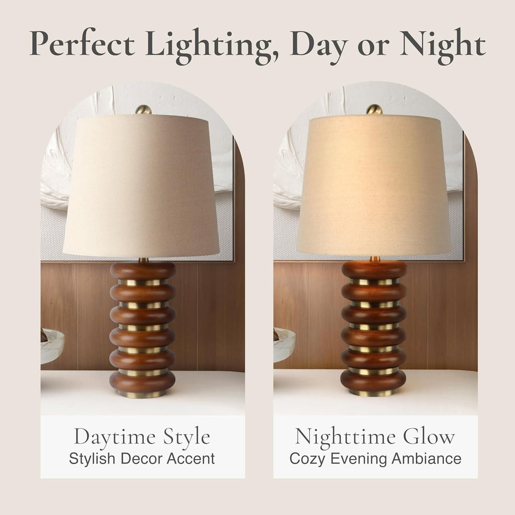 Abani Table Lamp Thalia Stacked Ring 21.5' – Mid-Century Modern Brown Wood Base with Wheat Linen Shade – E26 Bulb Included – Stylish Desk Lamp for Bedroom, Living Room, Dorm or Nightstand