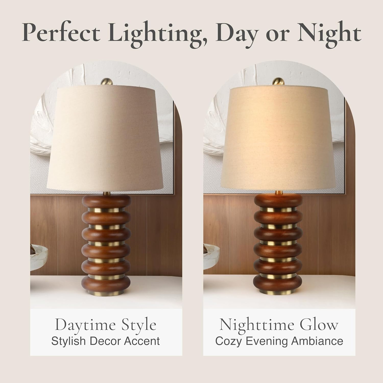 Abani Table Lamp Thalia Stacked Ring 21.5' – Mid-Century Modern Brown Wood Base with Wheat Linen Shade – E26 Bulb Included – Stylish Desk Lamp for Bedroom, Living Room, Dorm or Nightstand