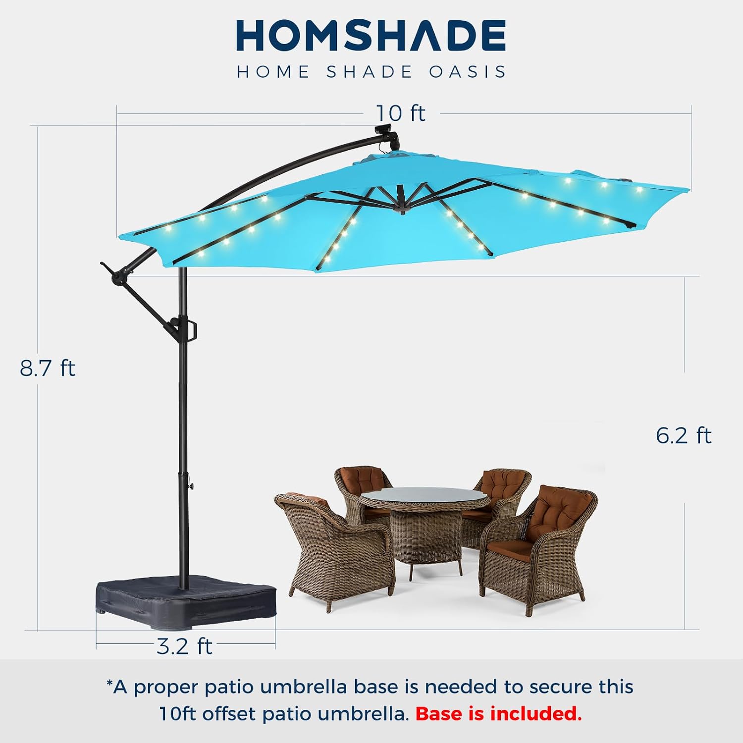 HOMSHADE 10ft Solar Lights Offset Cantilever Patio Umbrella - with Light and Base, LED Lighted Offset Hanging Patio Outdoor Market Umbrella UPF50+ UV Protection with Easy Tilt and Crank (Light Blue)