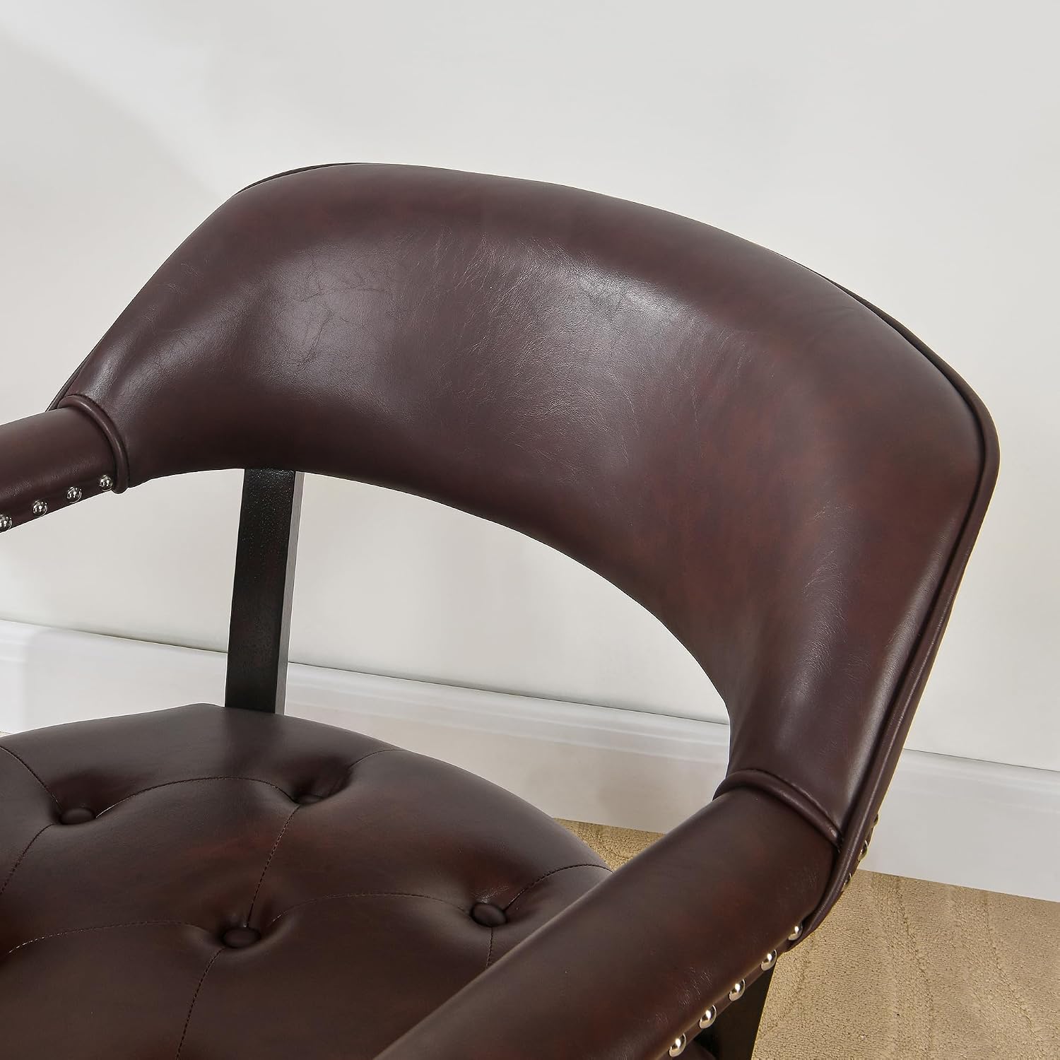 Dining Chairs with Upholstered and Arms,Office Desk Chair with Metal Rivets. PU Boss Captain's Chairs,Classic Accent Stools for Dining Room, Bedroom Brown Legs & Wine Red NX173-318WR