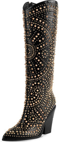 iiimmu Womens Boots Pointed Toe and Chunky Heel Boots for Women Luxurious Studded Boots Tall Boots with Metallic Rivets, White/Black Size US 5-12