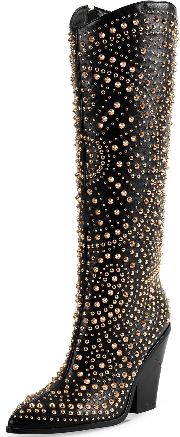 iiimmu Womens Boots Pointed Toe and Chunky Heel Boots for Women Luxurious Studded Boots Tall Boots with Metallic Rivets, White/Black Size US 5-12
