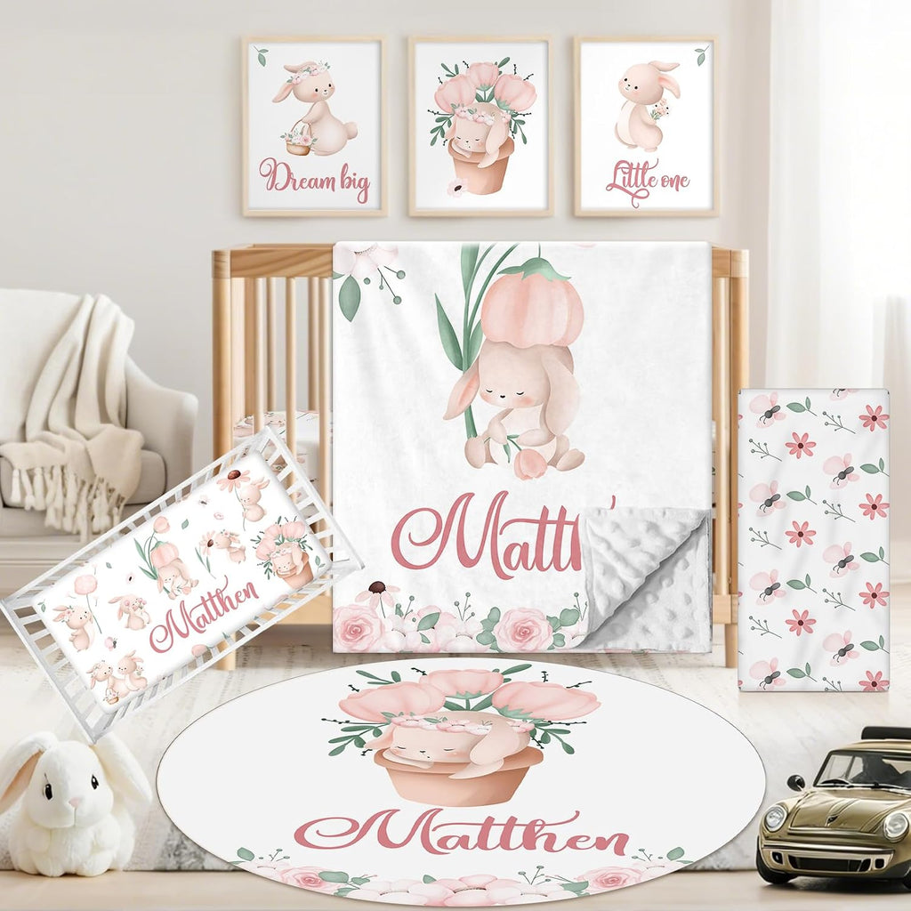 Custom Baby Crib Bedding Set, 5 PCS Personalized Name Baby Crib Sets for Girls Boys, Cute Rabbit Theme Nursery Bedding Sets for Infant Toddler, Double Layer Flannel Bed Set Customized Gifts
