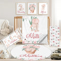 Custom Baby Crib Bedding Set, 5 PCS Personalized Name Baby Crib Sets for Girls Boys, Cute Rabbit Theme Nursery Bedding Sets for Infant Toddler, Double Layer Flannel Bed Set Customized Gifts