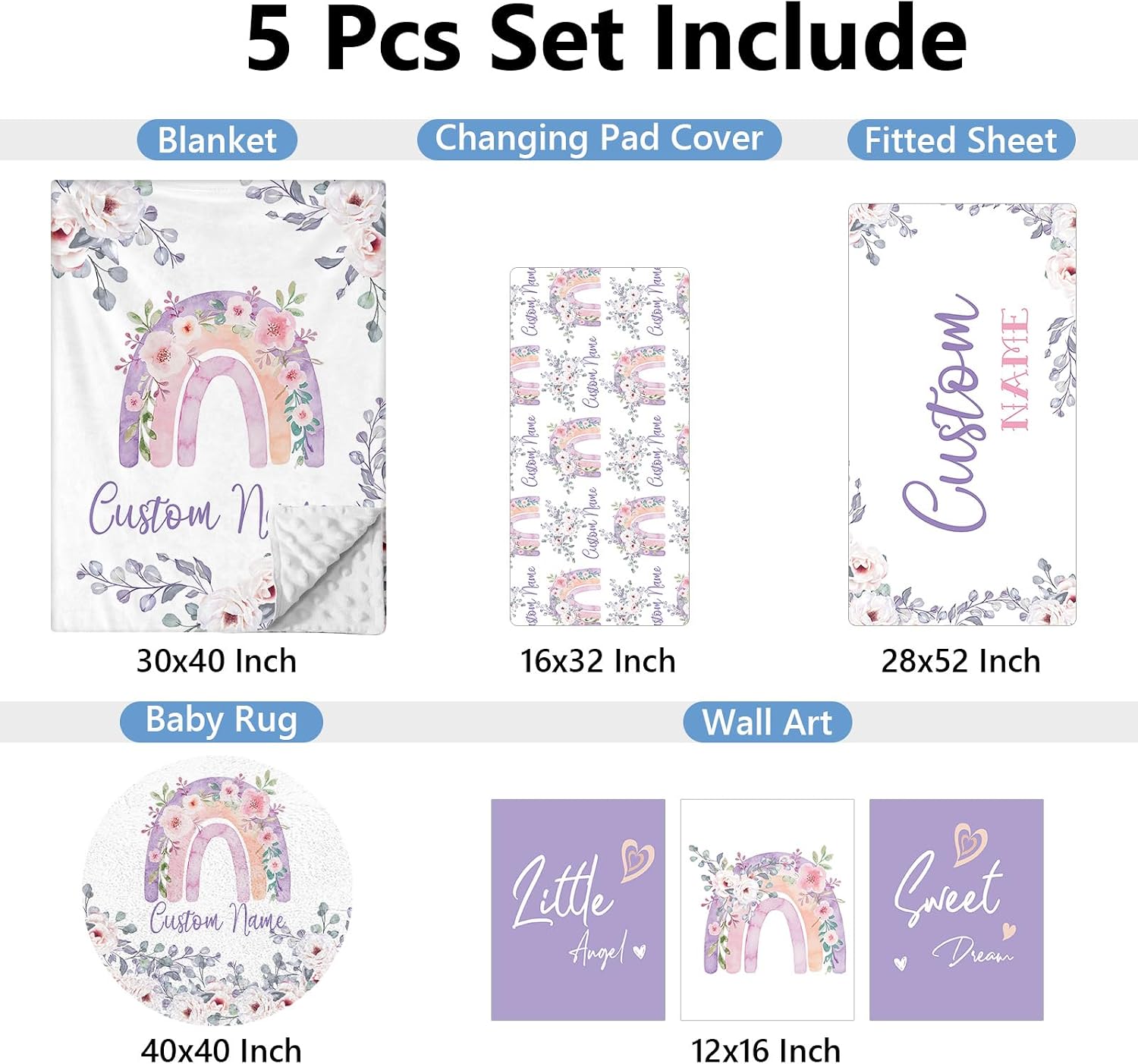 KAINSY Personalized Baby Bedding Set, 5 Pcs Custom Baby Crib Set with Name, Soft Flannel Rainbow Crib Bedding Set for Girls, Double Layer Nursery Bedding Set, Infant Toddler Bedding Set Parents Gift