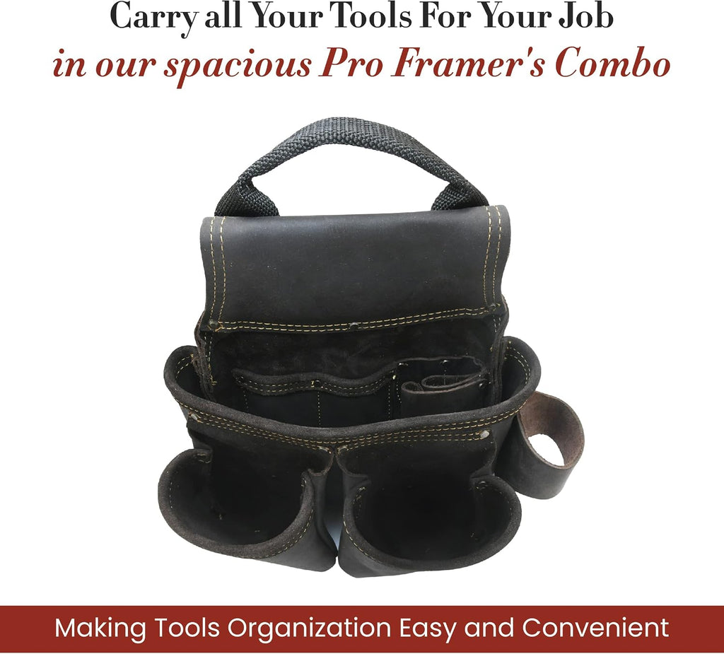 Style n Craft 4-Piece and 17-Pocket Pro Framer's Combo, Tool Belt with 2 Tool Pouches and 1 Hammer Holder, Full-Grain Oiled Leather Tool Belt, Dark Brown (90429)