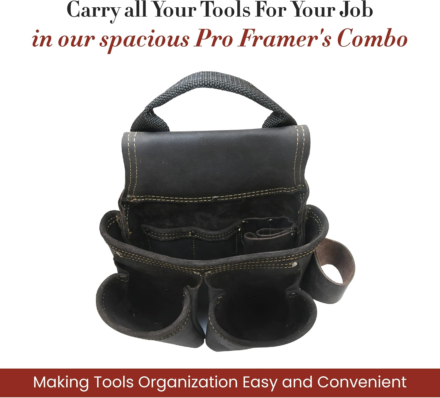 Style n Craft 4-Piece and 17-Pocket Pro Framer's Combo, Tool Belt with 2 Tool Pouches and 1 Hammer Holder, Full-Grain Oiled Leather Tool Belt, Dark Brown (90429)